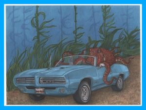 This drawing was a present from the Fishes Staff at The Virginia Aquarium and Marine Science Center. The Senior Aquarist, the charming Evan Culbertson, introduced Sy at the evening All Henrico Reads program. (You old Muscle Car enthusiasts will note that the Octo is at the wheel of a GPO, which is strikingly like a 1969 Pontiac GTO.) 